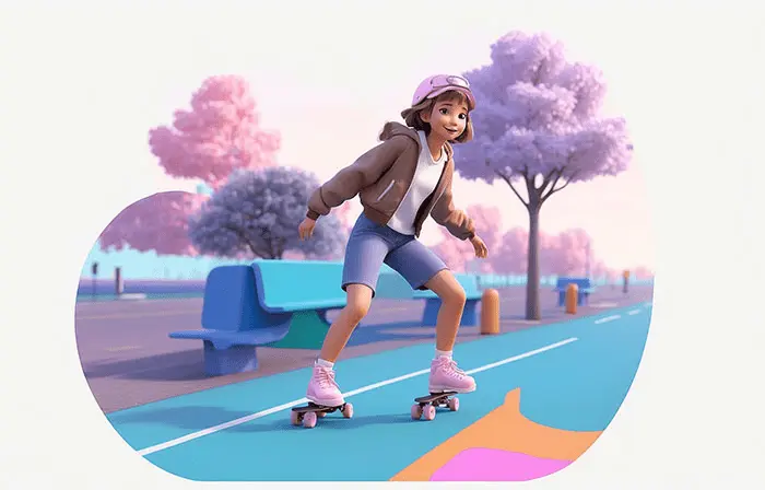 A 3D Cartoon Scene Featuring a Girl Roller Skating on a Road